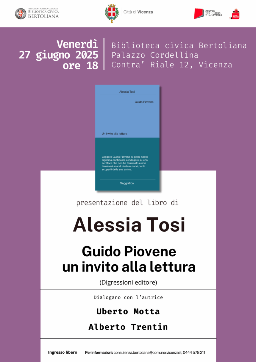 Bertoliana, incontro a palazzo Cordellina con Alessia Tosi, autrice del libro “Guido Piovene. Un invito alla lettura”