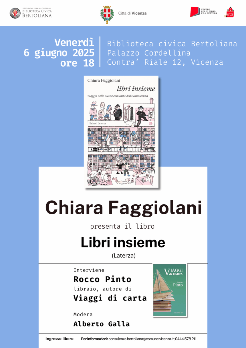 Bertoliana, venerdì 6 giugno incontro con l’autrice Chiara Faggiolani per parlare delle “nuove comunità della conoscenza”